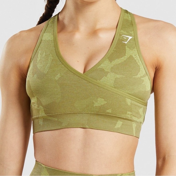 Gymshark Adapt Green Camo Seamless Sports Bra Cross Back Size Small Athletic Gym - Picture 1 of 9